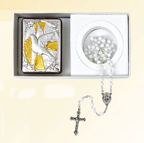 Confirmation rosary and silver plaque. With case