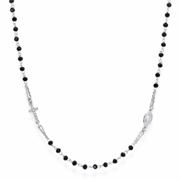 Gargantilla 'Cruz y Virgen Milagrosa'. Plata de ley 925 y cristal negro. AMEN-0