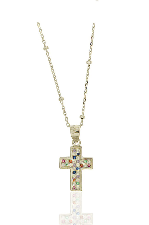 Gargantilla. Cruz con circonitas colores. Plata de ley