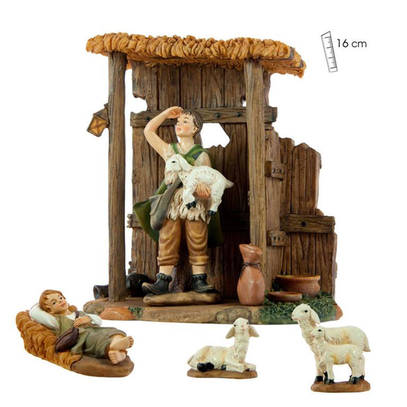 Conjunto de 2 pastores, ovejas y cabaña. 16 cm.