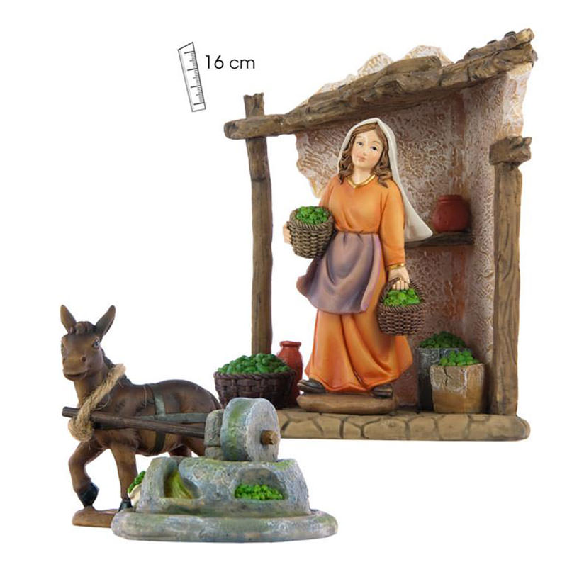 Conjunto de pastora, burro, molino y establo. 16 cm.