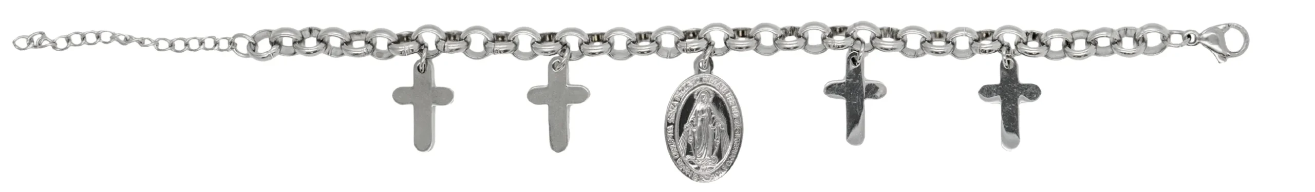 Pulsera Cruces y Virgen Milagrosa. Acero.