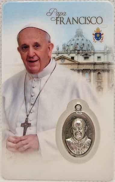 Pope Francis card laminated with medal