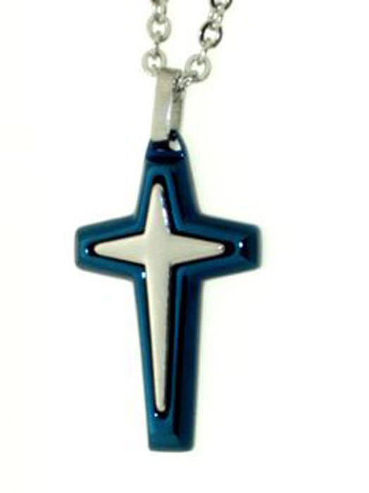 Enameled cross with chain. Steel