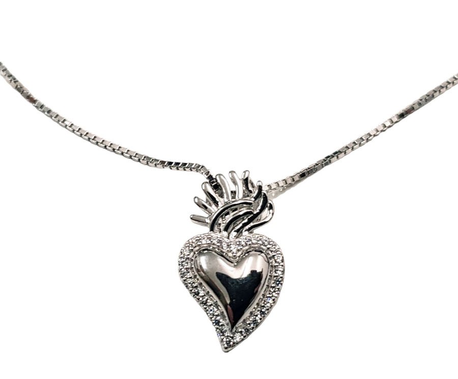 Sacred Heart of Jesus with chain. Sterling silver.