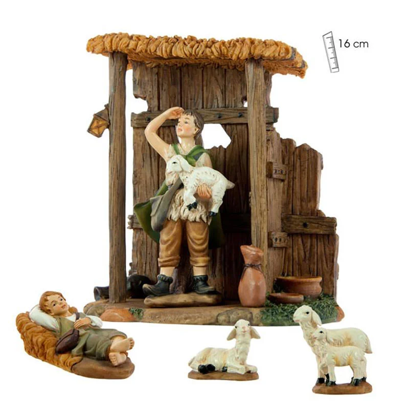 Set of 2 shepherds, sheep and hut. 16 cm.