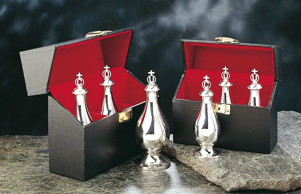 Chrismatory set (3 holy oil stocks), with case