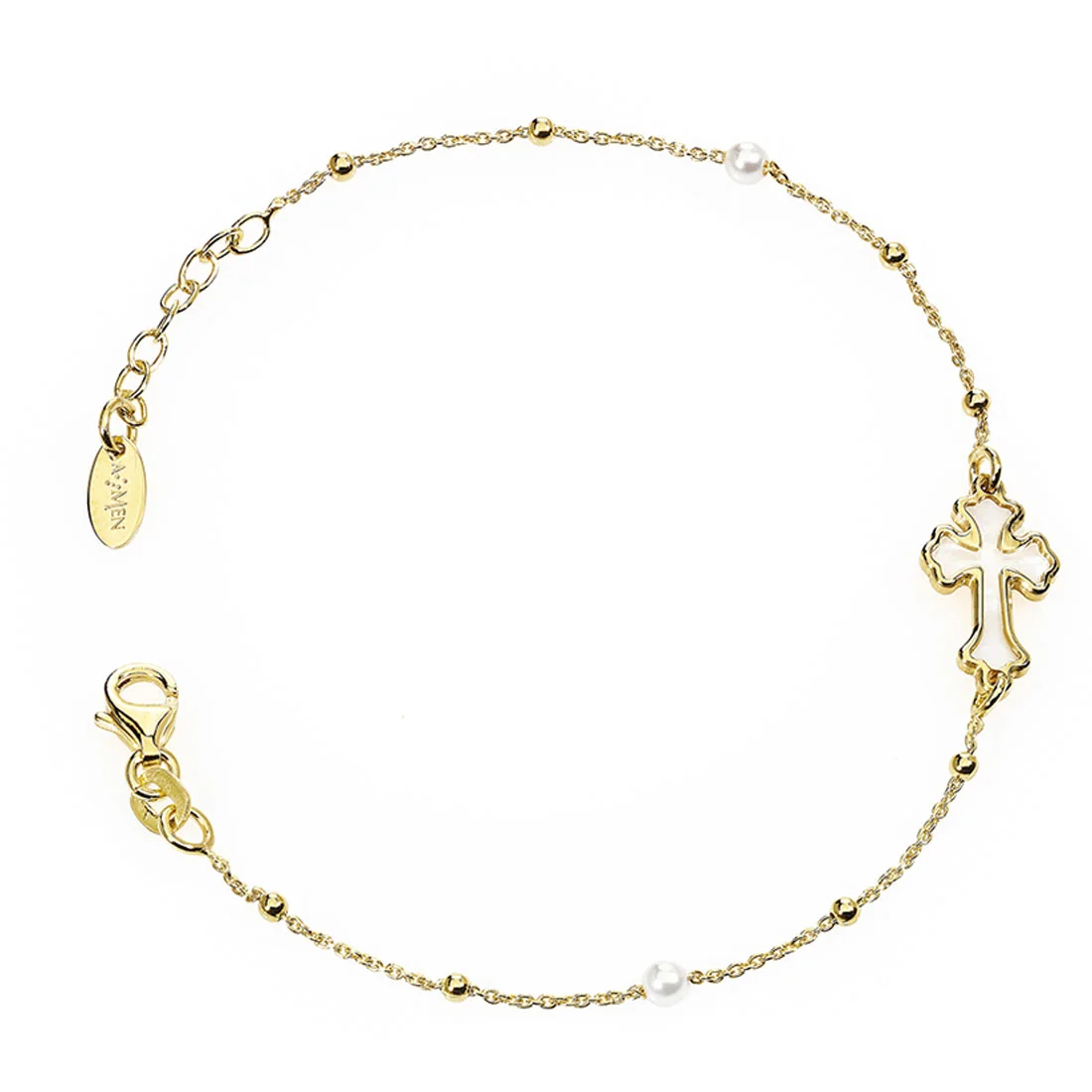 Bracelet with cross. Sterling silver 925 and mother of pearl. AMEN
