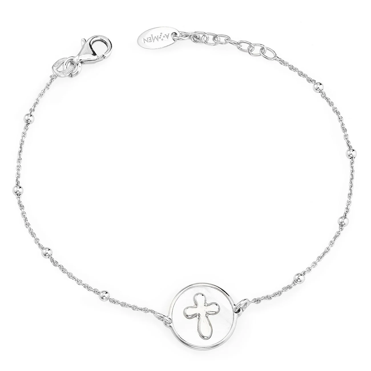 Bracelet with cross. Sterling silver 925 and mother of pearl. AMEN