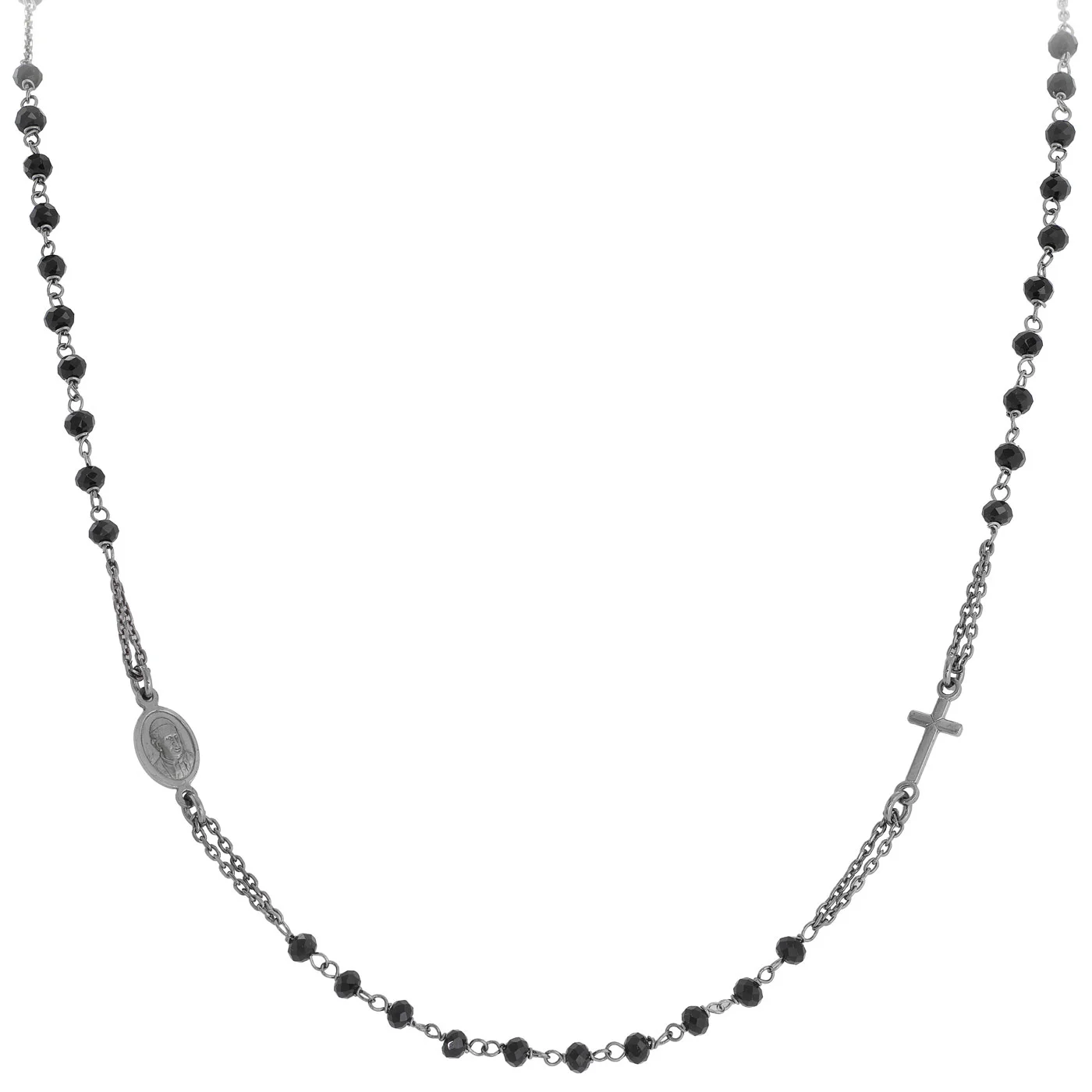 Necklace ‘Cross and Our lady of the Miracle’. Sterling silver 925 and black crystal.  AMEN
