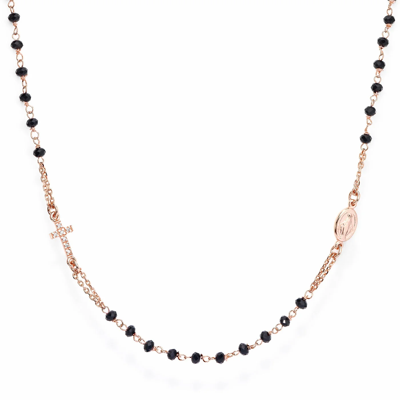 Necklace ‘Cross and Our lady of the Miracle’. Sterling silver 925 and black crystal.  AMEN