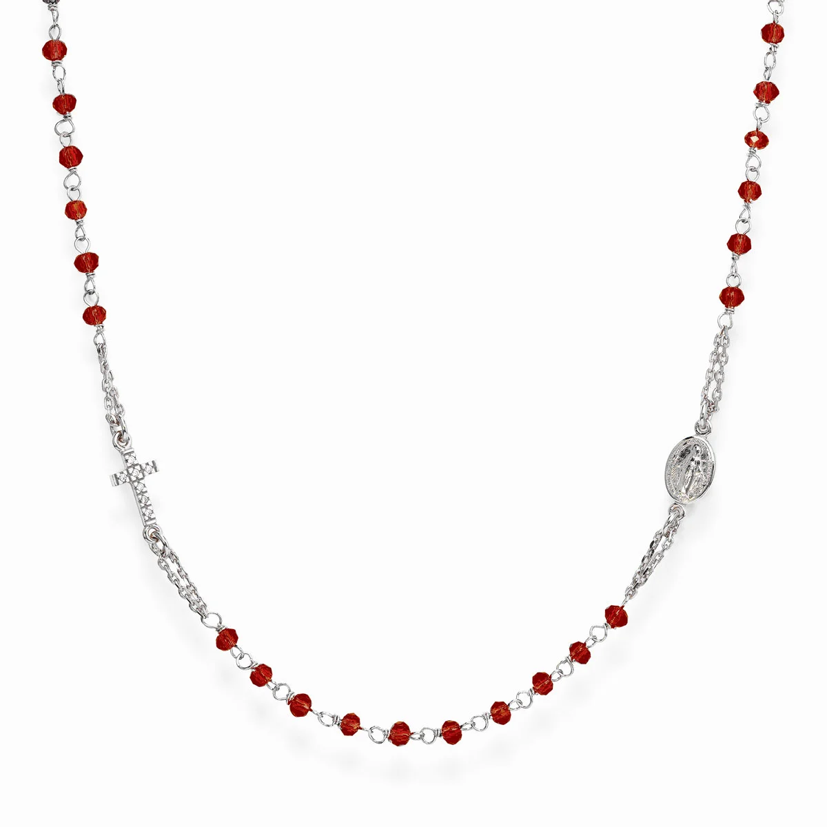 Necklace ‘Cross and Our lady of the Miracle’. Sterling silver 925 and red crystal.  AMEN