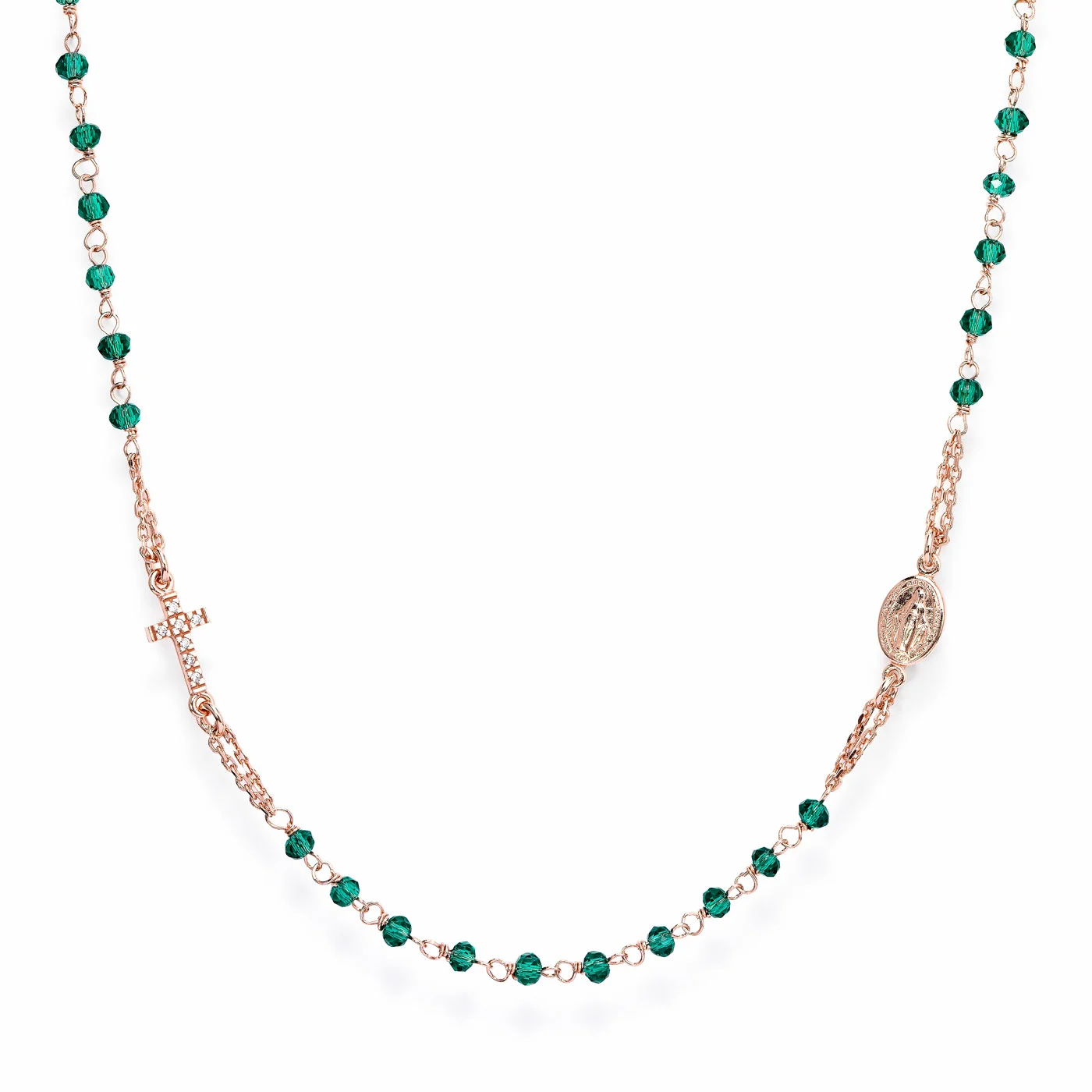 Gargantilla 'Cruz y Virgen Milagrosa'. Plata de ley 925 y cristal verde. AMEN