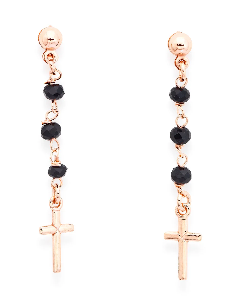 Rosary pendant earrings. Sterling silver 925 and black crystal, rose. AMEN