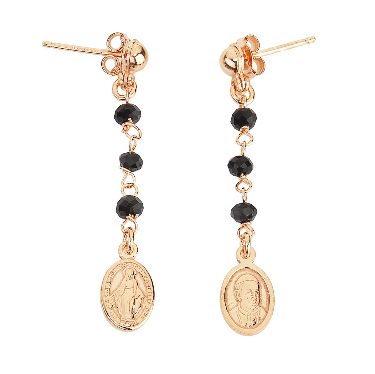 Earrings of Our Lady of the Miracle and Francis Pope. Sterling silver 925 and black crystal, rose. AMEN